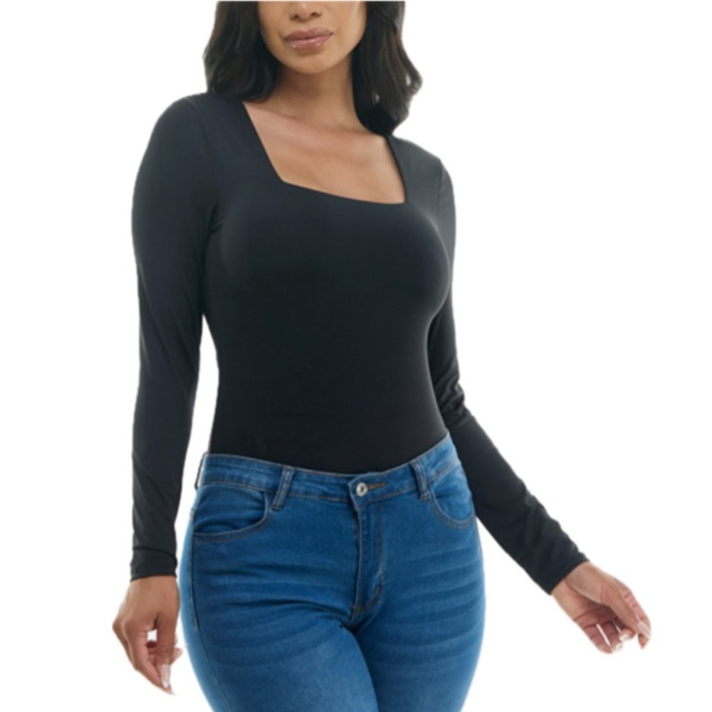 CRAVE FAME SIZE X-SMALL BLACK SQUARE NECK LONG SLEEVE THONG BODYSUIT